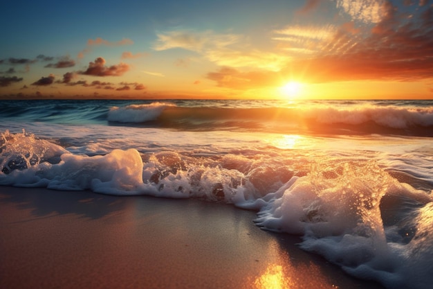 Hermoso paisaje con coloridas olas del mar puesta de sol sobre la luz de la playa y nubes sobre el fondo del estado de ánimo de verano generativo AI