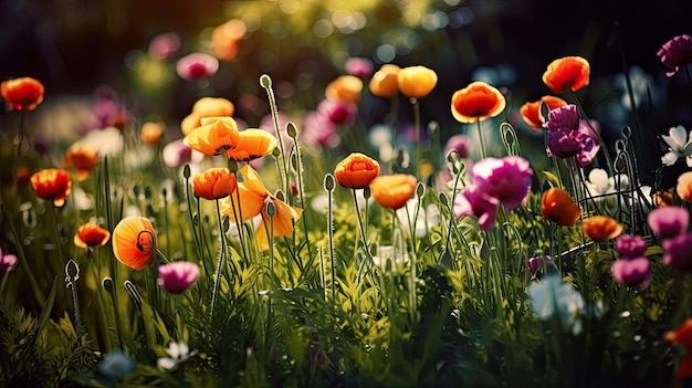 Hermoso paisaje colorido lleno de flores por la llegada de la primavera IA generativa