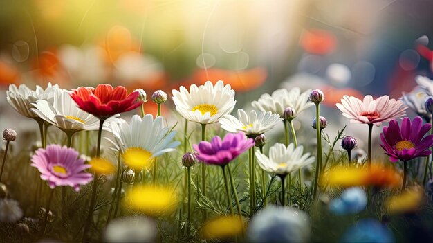 Hermoso paisaje colorido lleno de flores por la llegada de la primavera IA generativa