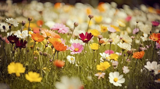 Hermoso paisaje colorido lleno de flores por la llegada de la primavera IA generativa