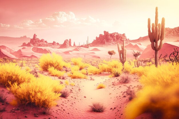 Hermoso paisaje desértico con cactus y dunas de arena en tonos amarillos rosados ai generativo