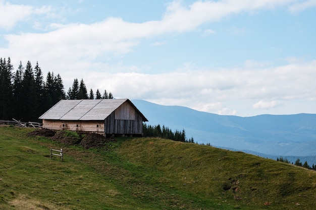 Hermoso paisaje con un edificio de madera en la colina cubierta de hierba rodeada de árboles