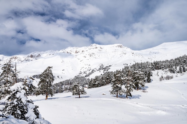 Hermoso paisaje de la estación de esquí de Arkhyz con montañas nevadas y freeride en un soleado día de invierno Montañas del Cáucaso Rusia