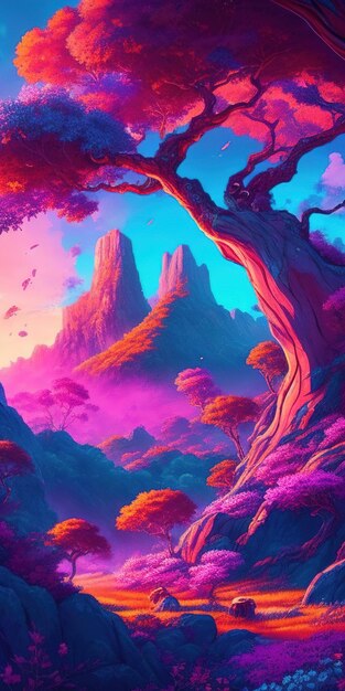 Hermoso paisaje de fantasía con árboles coloridos