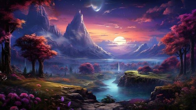 Foto un hermoso paisaje de fantasía de colores brillantes generativo ai