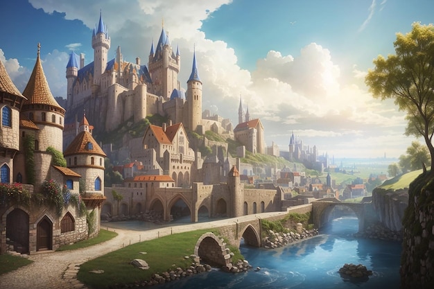 hermoso paisaje de fantasía medieval con la ciudad