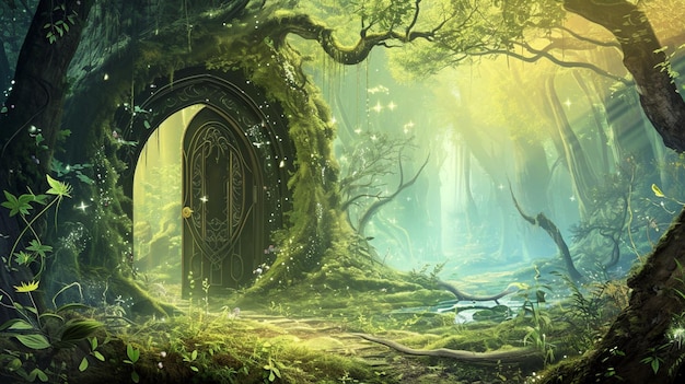 Un hermoso paisaje de fantasía con un portal mágico en un bosque místico de cuentos de hadas Generative Ai