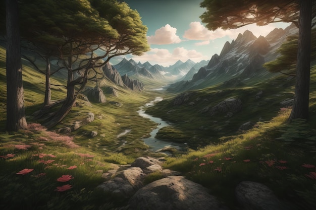 Hermoso paisaje de fantasía con un río en las montañas ai generativo