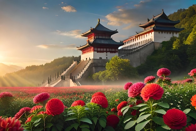 Foto un hermoso paisaje con una flor roja frente a una pared con un fondo de puesta de sol.