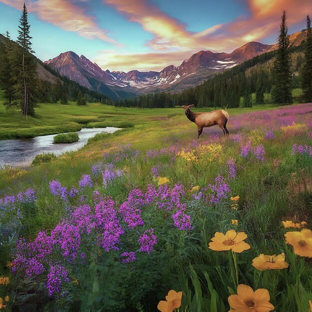 hermoso paisaje con flores y montañas