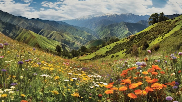 Hermoso paisaje con flores silvestres en el fondo de las montañas