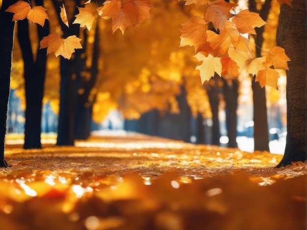 Un hermoso paisaje de fondo de otoño. Una alfombra de hojas de otoño naranja caídas. El concepto de otoño dorado.