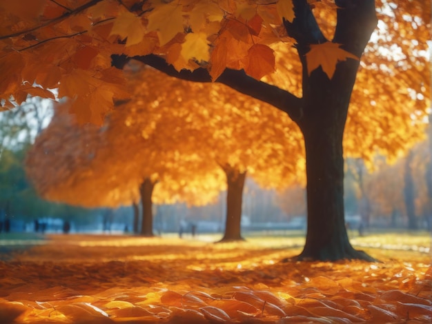 Un hermoso paisaje de fondo de otoño. Una alfombra de hojas de otoño naranja caídas. El concepto de otoño dorado.