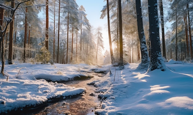 Hermoso paisaje forestal invernal con árboles cubiertos de escarcha y nieve