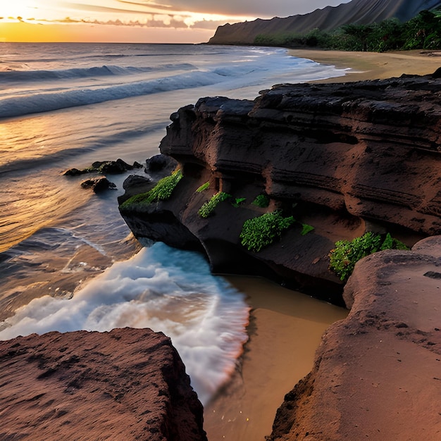 hermoso paisaje de formaciones rocosas junto al mar en Queens Bath Kauai Hawai al atardecer