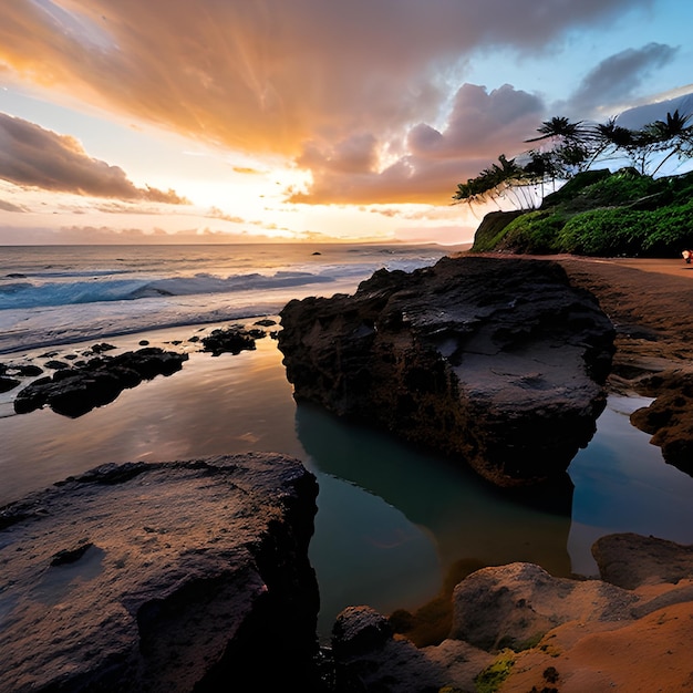 hermoso paisaje de formaciones rocosas junto al mar en Queens Bath Kauai Hawai al atardecer