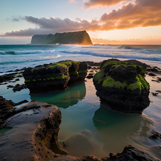 Foto hermoso paisaje de formaciones rocosas junto al mar en queens bath kauai hawai al atardecer