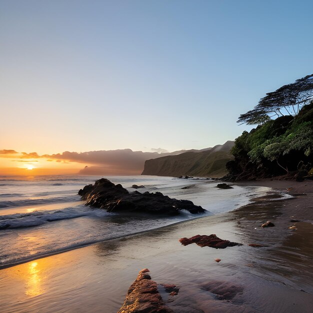 Foto hermoso paisaje de formaciones rocosas junto al mar en queens bath kauai hawai al atardecer