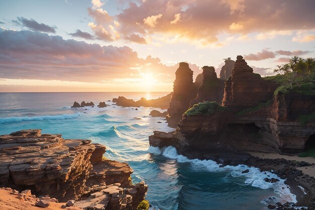 Hermoso paisaje de formaciones rocosas junto al mar en Queens Bath Kauai Hawai al atardecer