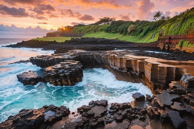 Hermoso paisaje de formaciones rocosas junto al mar en Queens Bath Kauai Hawai al atardecer