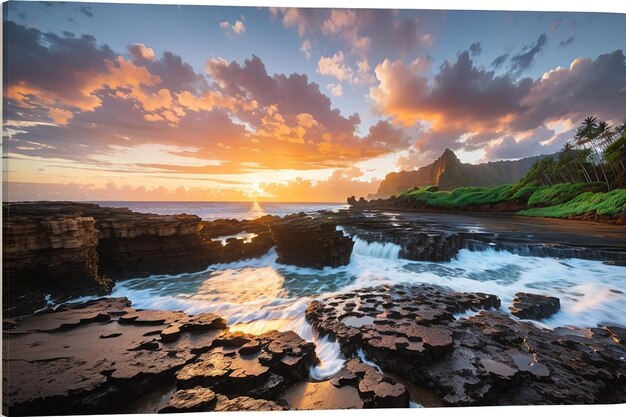 Hermoso paisaje de formaciones rocosas junto al mar en Queens Bath Kauai Hawaii al atardecer