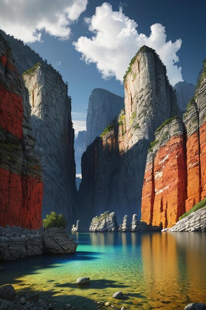 Hermoso paisaje fotografía fondo de pantalla fondo picos lago cañón cielo nubes blancas