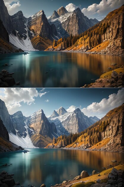 Hermoso paisaje fotografía fondo de pantalla fondo picos lago cañón cielo nubes blancas