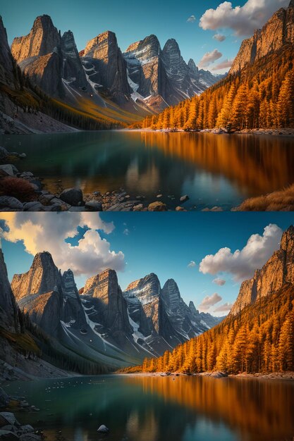 Hermoso paisaje fotografía fondo de pantalla fondo picos lago cañón cielo nubes blancas