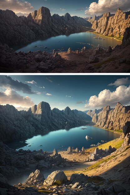 Hermoso paisaje fotografía fondo de pantalla fondo picos lago cañón cielo nubes blancas