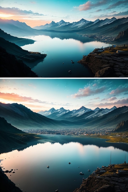 Hermoso paisaje fotografía fondo de pantalla fondo picos lago cañón cielo nubes blancas