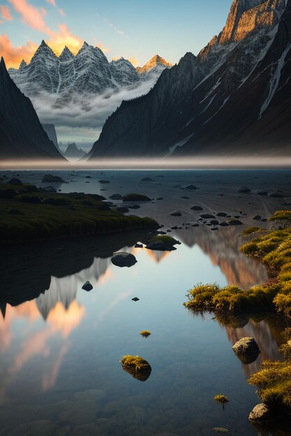 Hermoso paisaje fotografía fondo de pantalla fondo picos lago cañón cielo nubes blancas