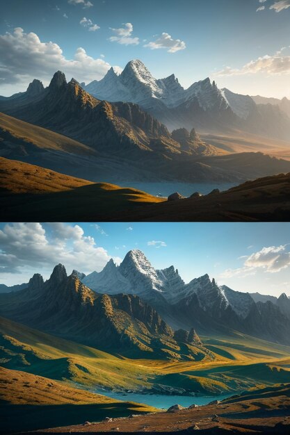 Hermoso paisaje fotografía fondo de pantalla fondo picos lago cañón cielo nubes blancas