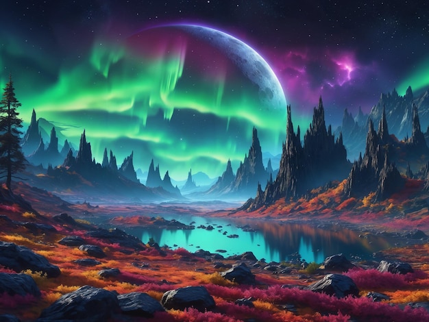 Un hermoso paisaje con una gran masa de agua una cordillera y un cielo colorido El cielo está lleno de estrellas y una aurora brillante que agrega un elemento único a la escena