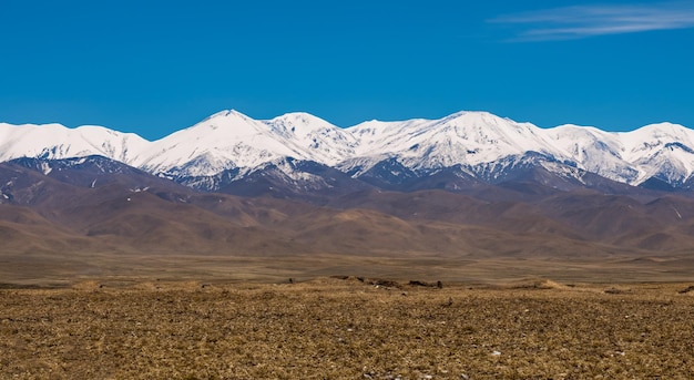 Hermoso paisaje con grandes montañas cubiertas de nieve