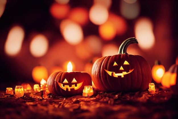 Hermoso paisaje de Halloween con calabazas y velas