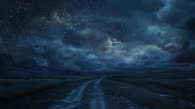 Foto hermoso paisaje hipnotizante del cielo nocturno con nubes y estrellas impresionante vista panorámica de las praderas