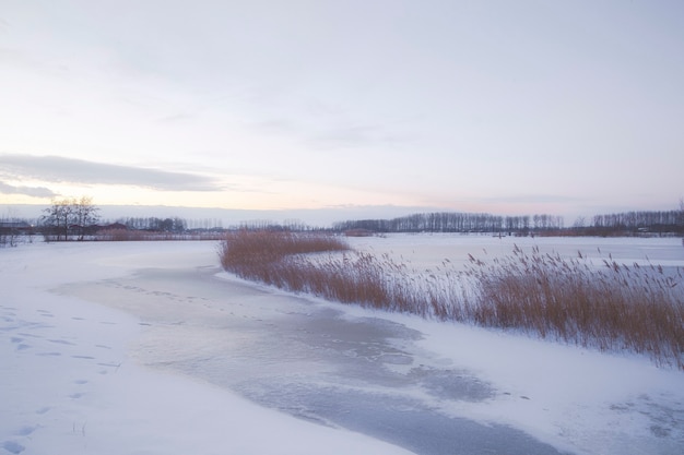 Hermoso paisaje invernal al atardecer con niebla y nieve que cubren las tierras de cultivo y el río Holanda