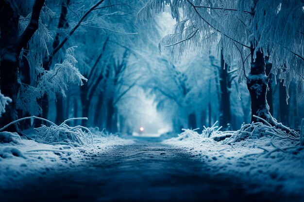 Hermoso paisaje invernal con árboles cubiertos de nieve y faroles en el parque generativo ai