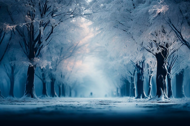 Hermoso paisaje invernal con árboles cubiertos de nieve y faroles en el parque generativo ai