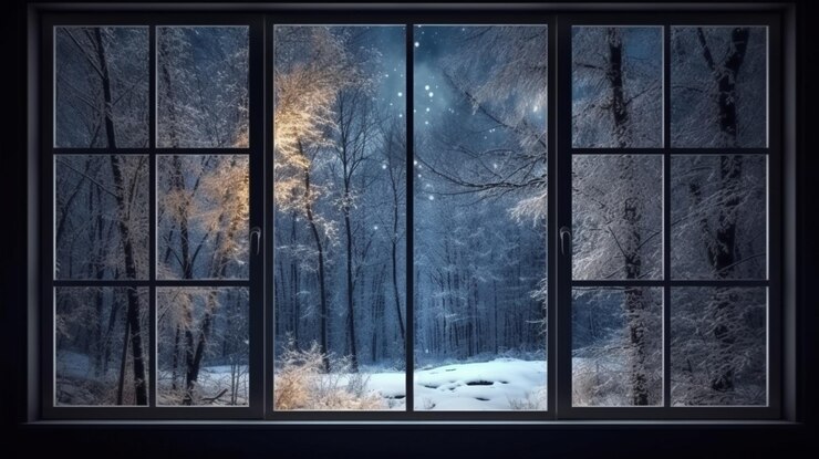 Hermoso paisaje invernal con árboles cubiertos de nieve junto a la ventana en la noche generativa ai