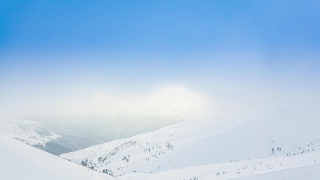 Hermoso paisaje invernal con árboles cubiertos de nieve Montañas de invierno