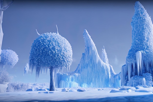 Hermoso paisaje invernal, árboles mágicos, fondo de fantasía