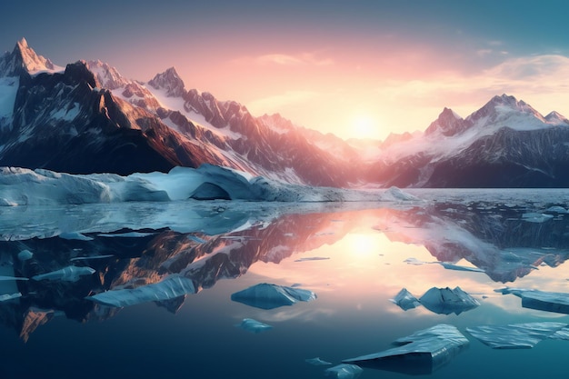 Hermoso paisaje invernal con montañas y lago al amanecer.