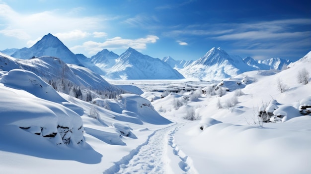 Hermoso paisaje invernal con montañas nevadas y cielo azul Panorama