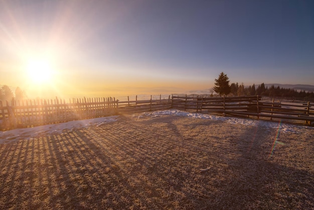 Hermoso paisaje invernal durante la puesta de sol sobre el campo cubierto de nieve