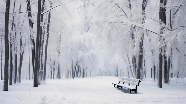 Hermoso paisaje de invierno con árboles cubiertos de nieve y banco en el parque IA generativa