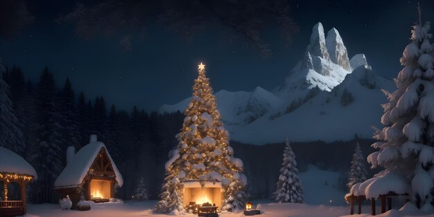 Hermoso paisaje de invierno con casa de madera y árbol de Navidad por la noche