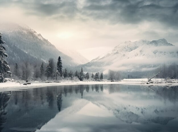 Un hermoso paisaje en invierno con las montañas reflejadas en el lago