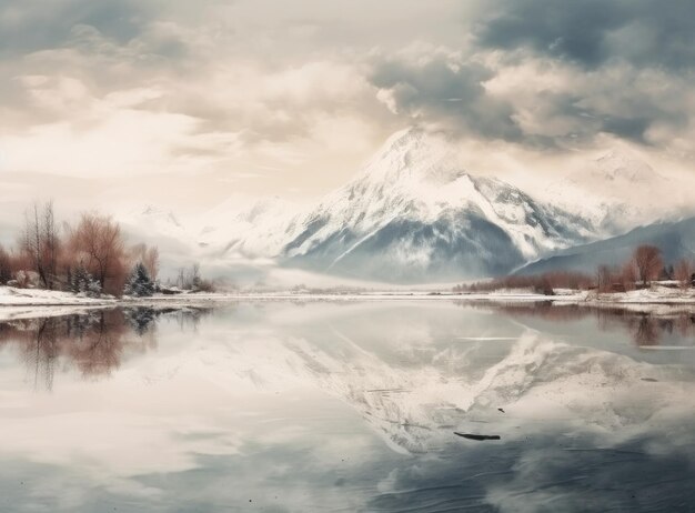 Un hermoso paisaje en invierno con las montañas reflejadas en el lago