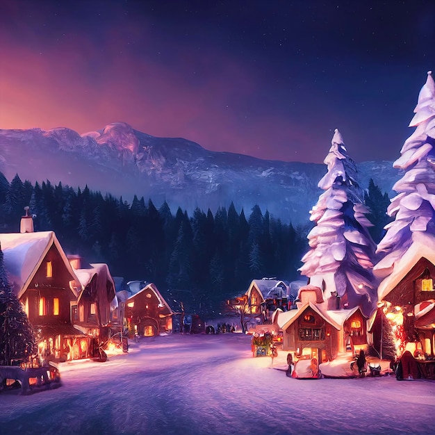 Hermoso paisaje de invierno con nieve y pinos ilustración de paisaje con tema navideño